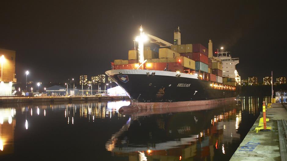 The container vessel Heluan entering Frihamnen port