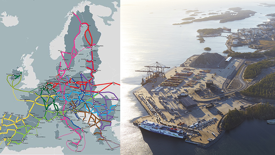 Map of the TEN-T network and an aerial view of Stockholm Norvik Port