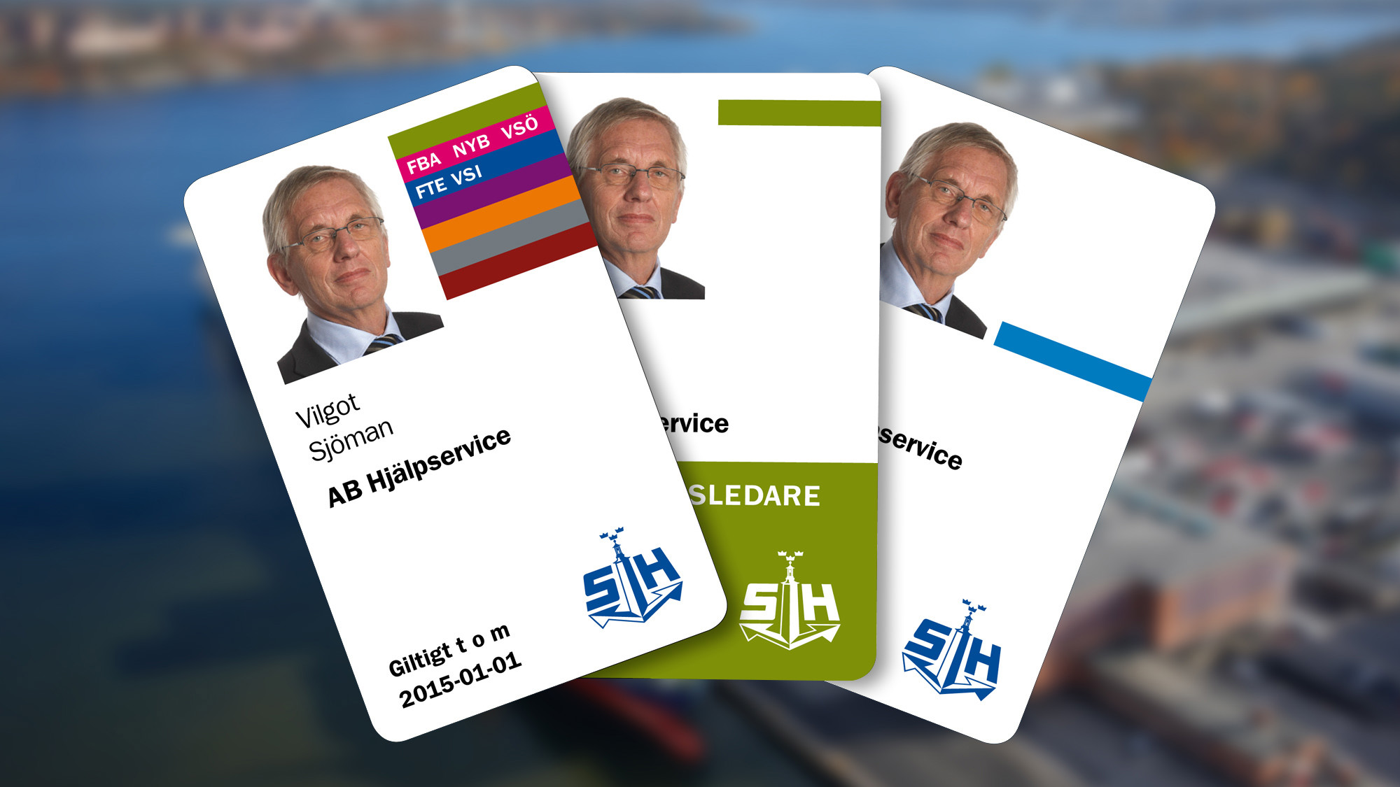 Exempel på hur tre olika behörighetskort ser ut.