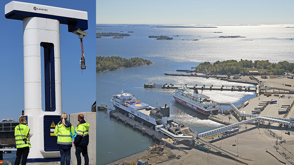 Bildkollage: Några medarbetare står framför en elanslutning/flygbild över Kapellskärs hamn