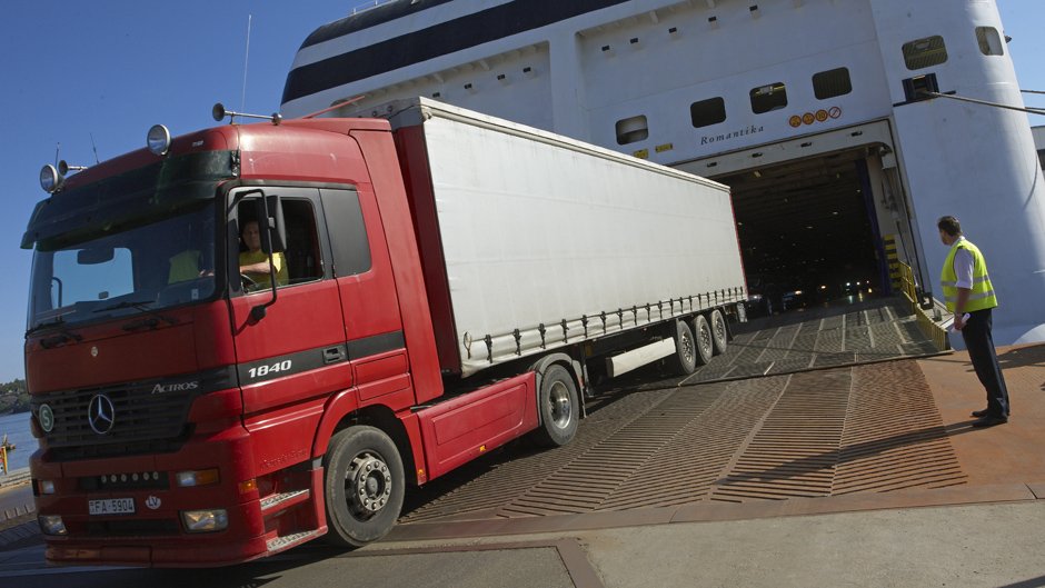 Trailer rolling off ferry