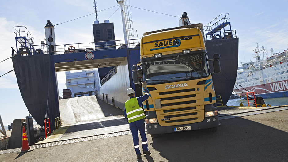 Truck that just rolled off a RoRo vessel at Port of Kapellskär Kapellskärs hamn