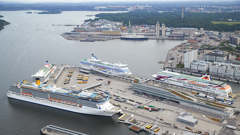 Aerial photo of the Värtahamnen port with the Frihamnen port in the background