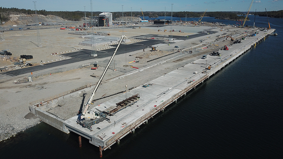 Aerial view of the container quay at Stockholm Norvik Port