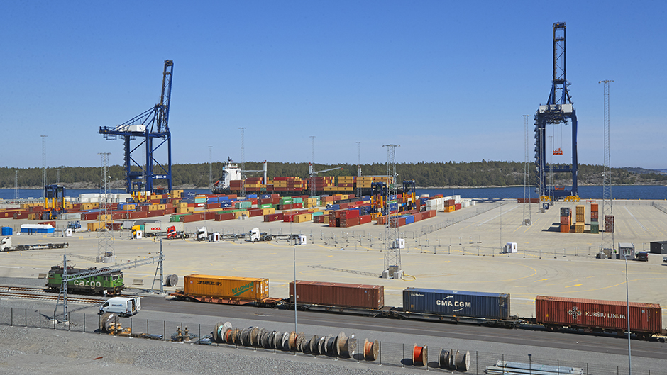 Stockholm Norvik Port with a train in the foreground