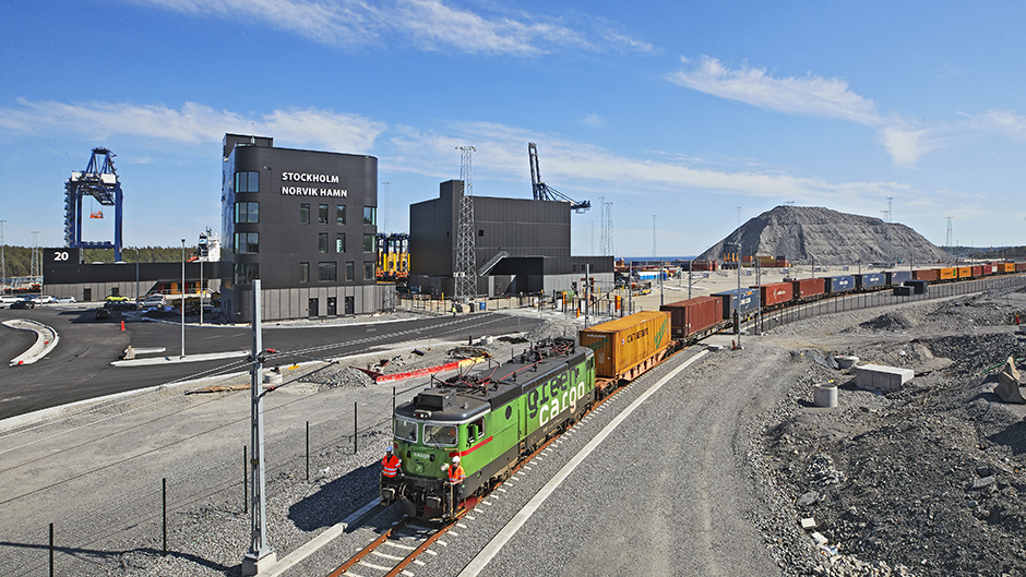 Fully loaded cargo train at Stockholm Norvik Port.