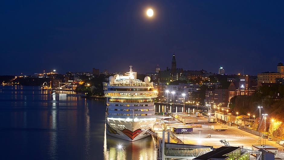 Cruise ship Aidamar at Port of Stockholm a beautiful summer evening in the moonlight