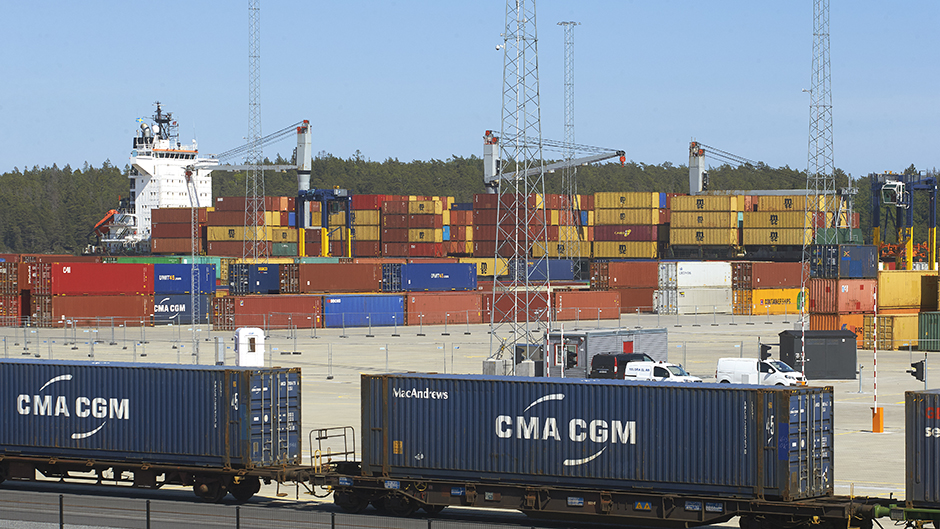 Train and container vessel at Stockholm Norvik Port