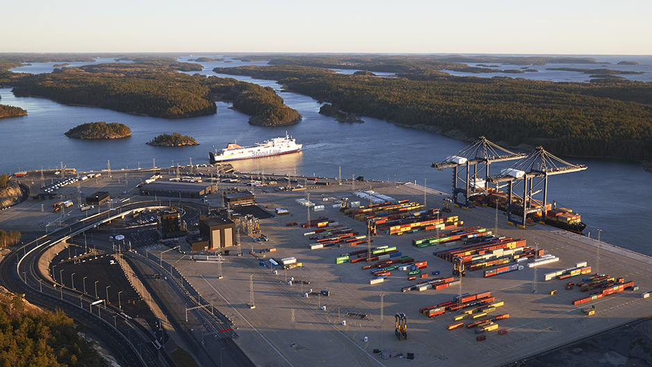 Aerial view of Stockholm Norvik Port with a Stena Line ferry leaving port