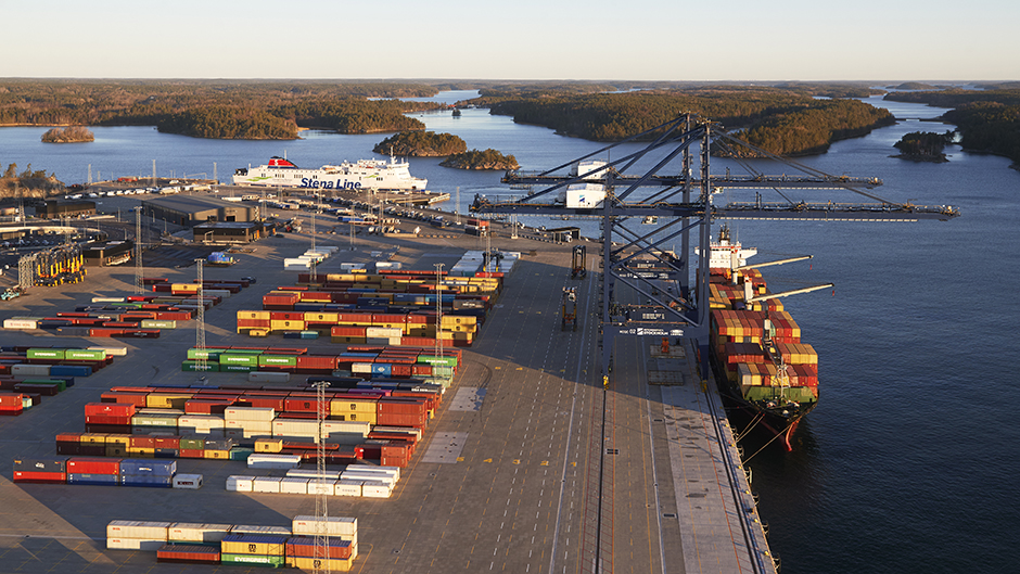 Aerial view of Stockholm Norvik Port in sunset light