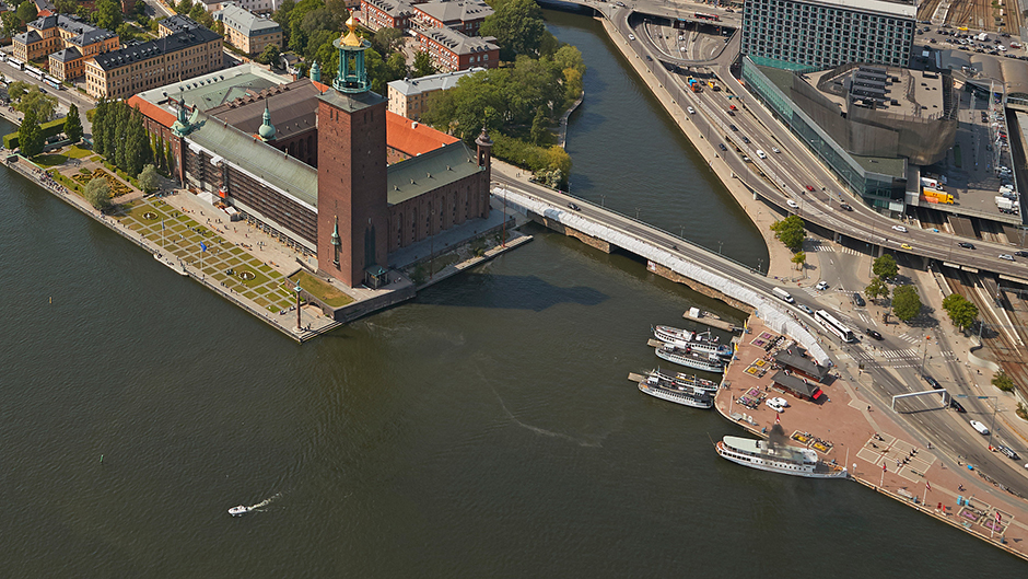 Aerial view of the City Hall and Klara Mälarstrand