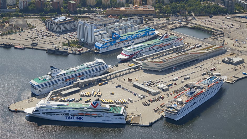 Aerial view of Värtahamnen port when five vessels are in port