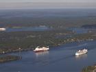 Aerial view of the archipelago with several ferries in sight