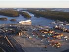 Aerial view of Stockholm Norvik Port with a Stena Line ferry leaving port