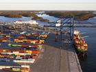 Aerial view of Stockholm Norvik Port in sunset light